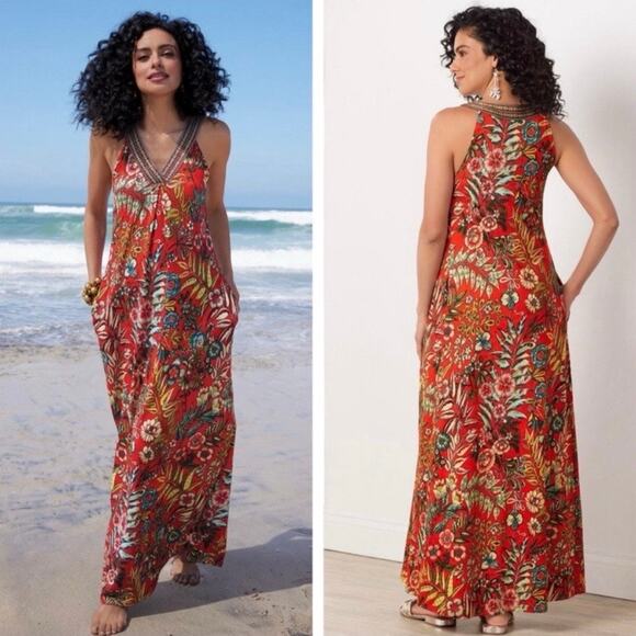 Soft Surroundings Orange Tropical Floral Onani Maxi Dress Sz.1X - Picture 3 of 13